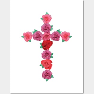 Floral Pink and Red Roses Flower Cross with Green Leaves Posters and Art